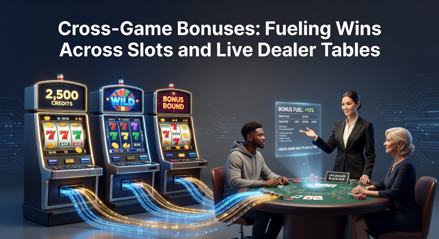 Grafik zeigt verbundene Slots und Live-Dealer-Tische mit Bonus-Symbolen, die Gewinne quer durch Spiele boosten