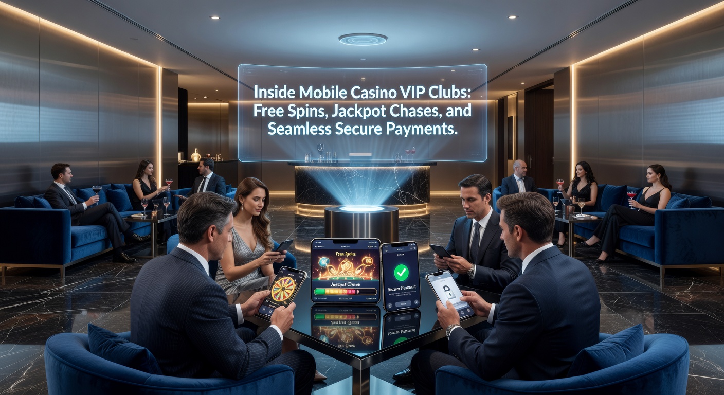 Ein elegantes mobiles Casino-Interface mit VIP-Symbolen, Free-Spin-Angeboten und sicheren Zahlungsoptionen auf einem Smartphone-Bildschirm