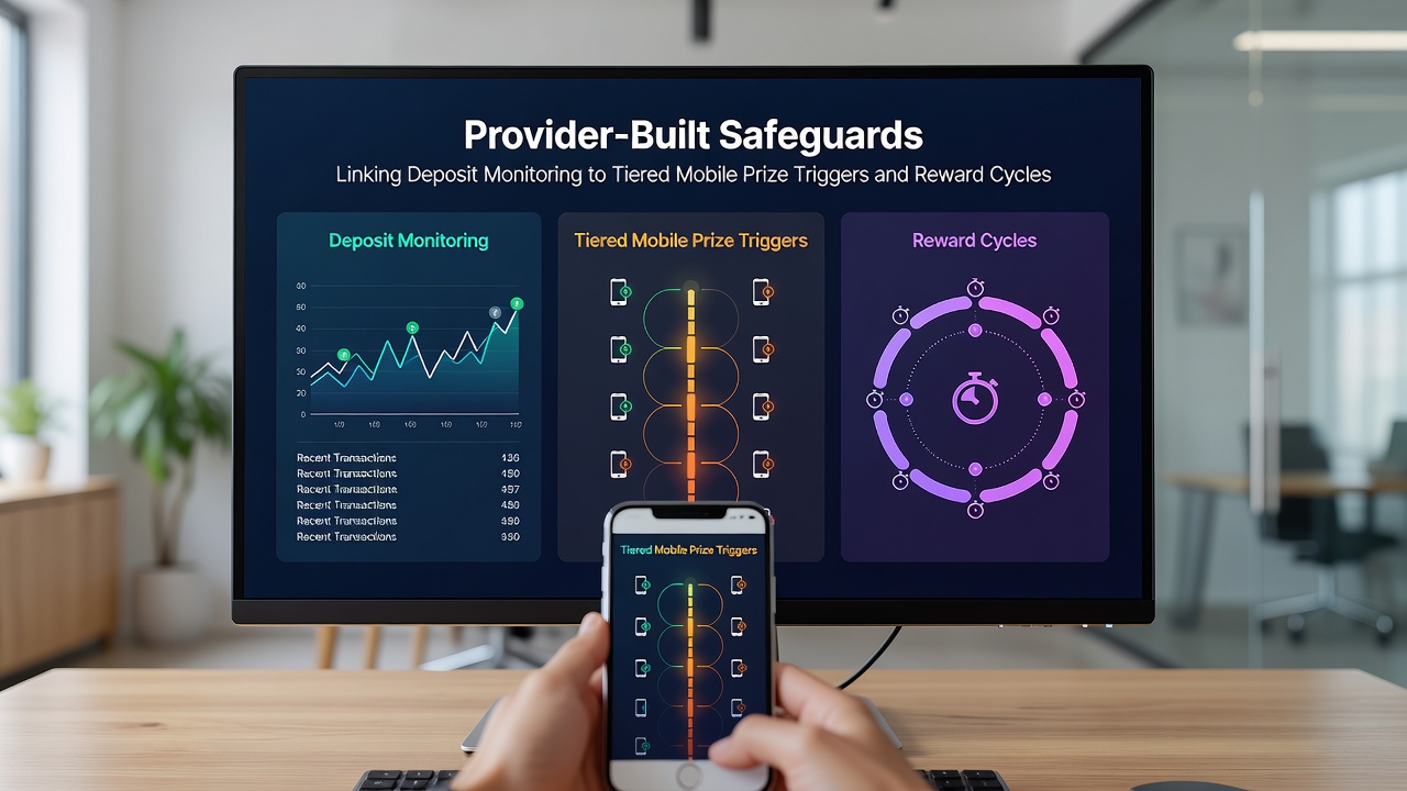 Technische Darstellung von Provider-Safeguards mit Deposit Monitoring und gestaffelten mobilen Prize Triggers in Reward Cycles