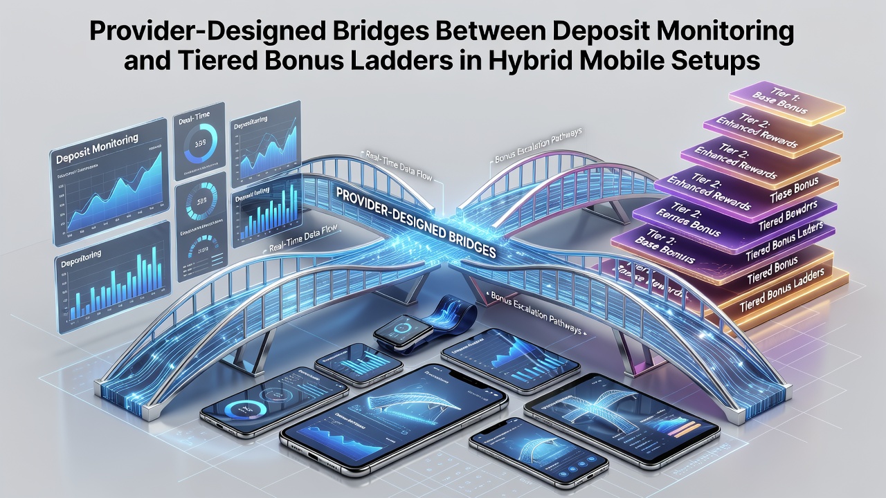 Technisches Diagramm zeigt Verbindungen zwischen Einzahlungsüberwachung und gestaffelten Bonusleitern in mobilen hybriden Systemen