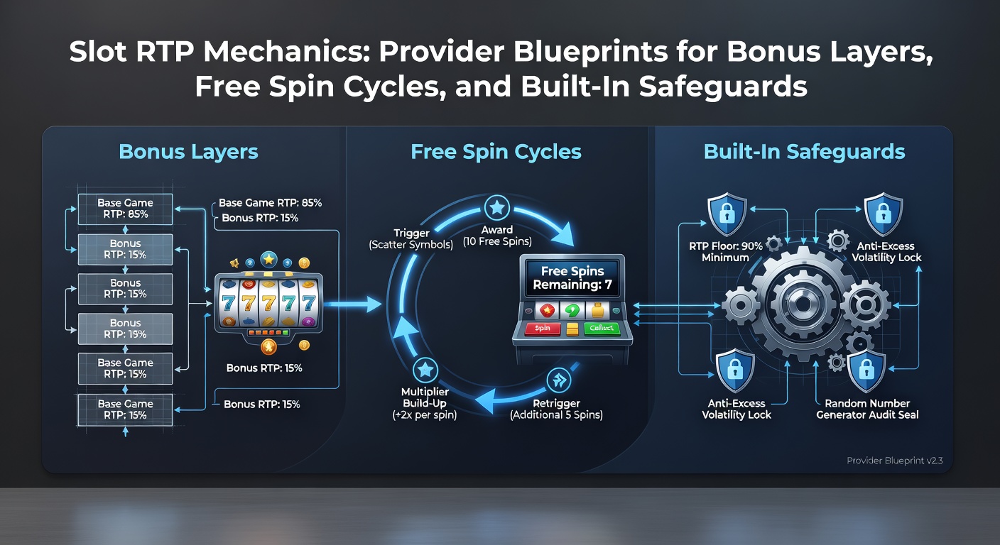 Visuelle Blaupause eines Slot-Providers mit Free-Spin-Zyklen, Bonus-Layern und Safeguard-Symbolen wie Schilden und RNG-Charts