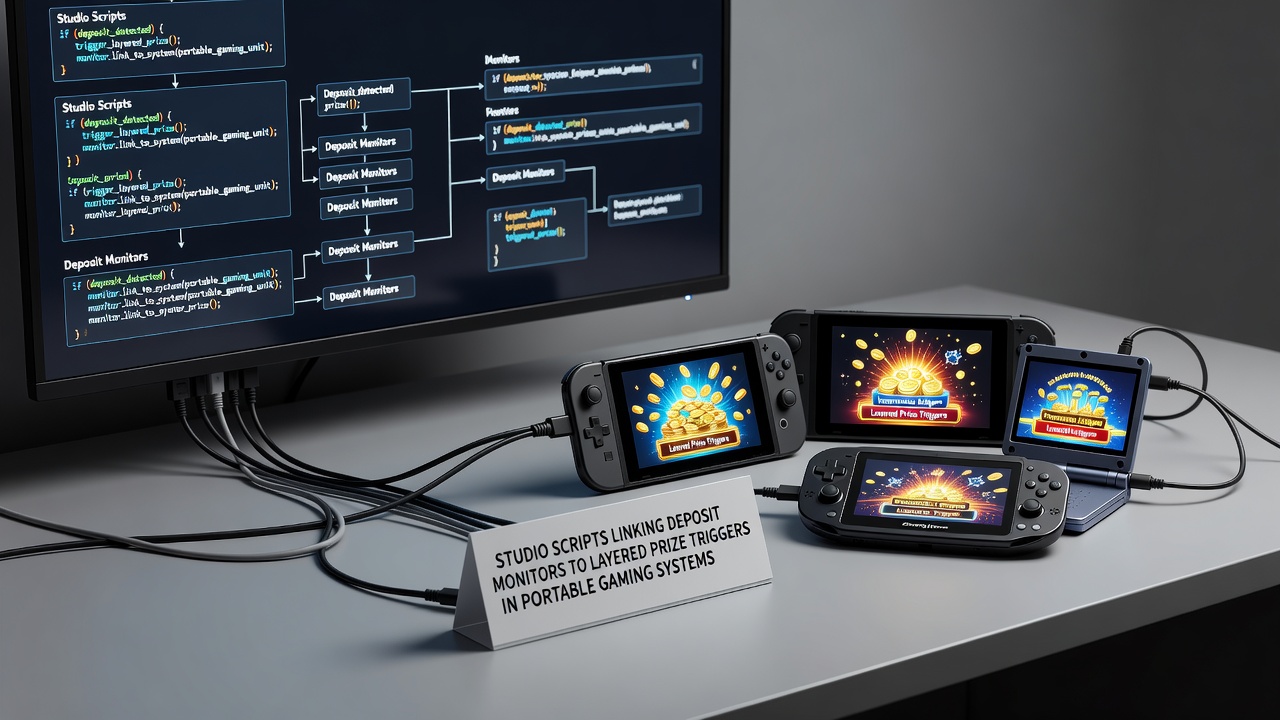Technische Darstellung von Studio-Skripten die Einzahlungsmonitore mit gestaffelten Preis-Triggern in mobilen Systemen verbinden