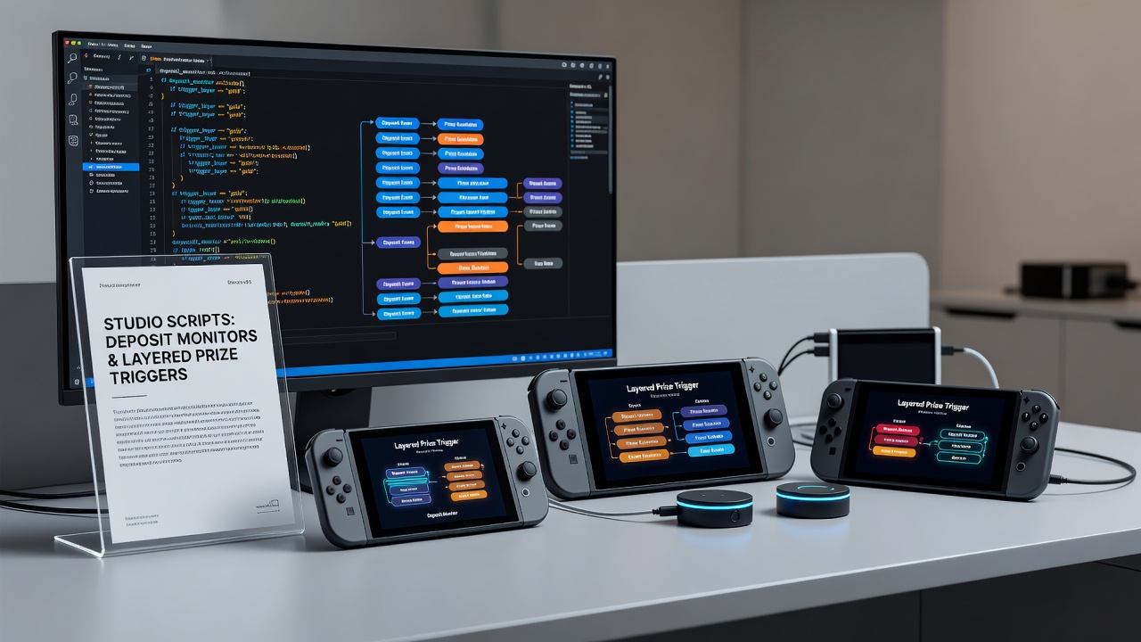 Detaillierte Ansicht von Datenflüssen zwischen Einzahlungsmonitoren und gestaffelten Preis-Triggern in portablen Gaming-Systemen