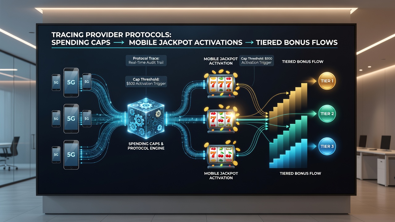 Flussdiagramm gestaffelter Bonuszyklen mit integrierten Ausgabenlimits und Jackpot-Auslösern